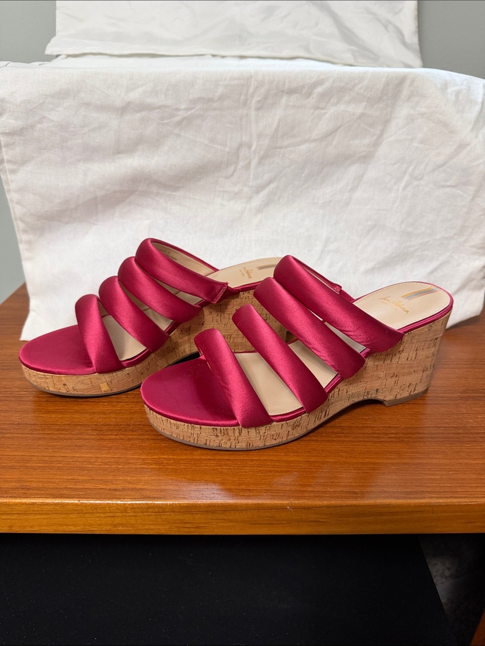 Sam Edelman raspberry Satin Multi-Strap Cork Wedge Sandals